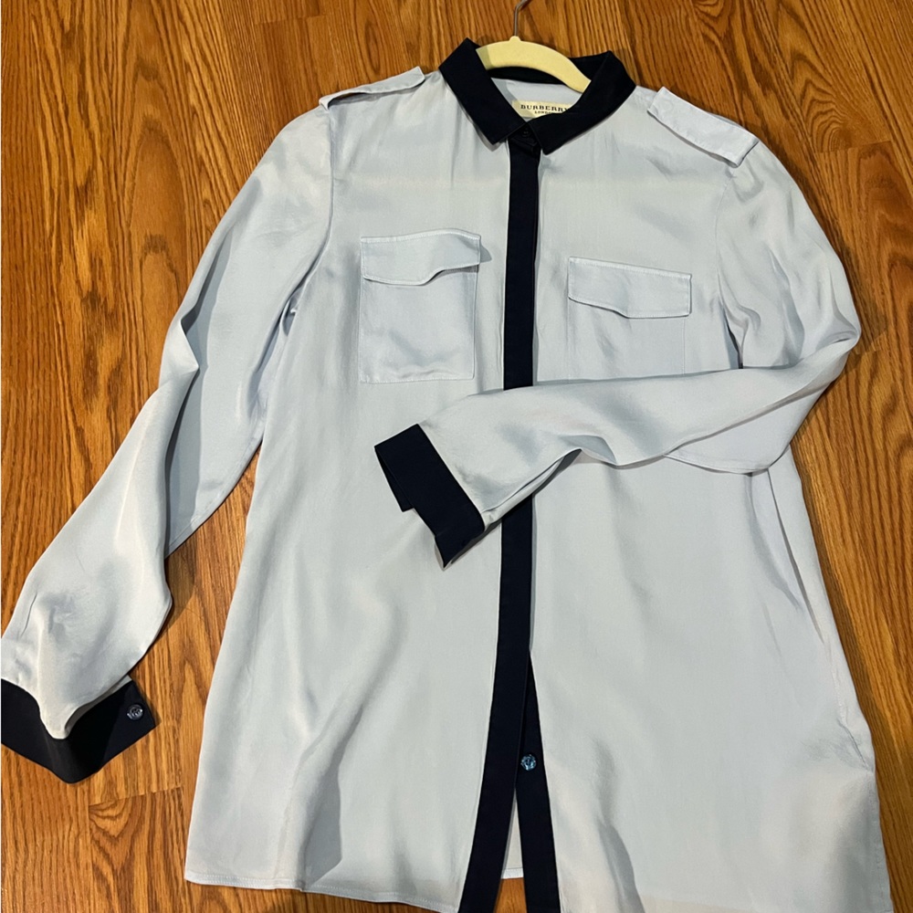 Burberry, blue shirt, 100% silk, US 6